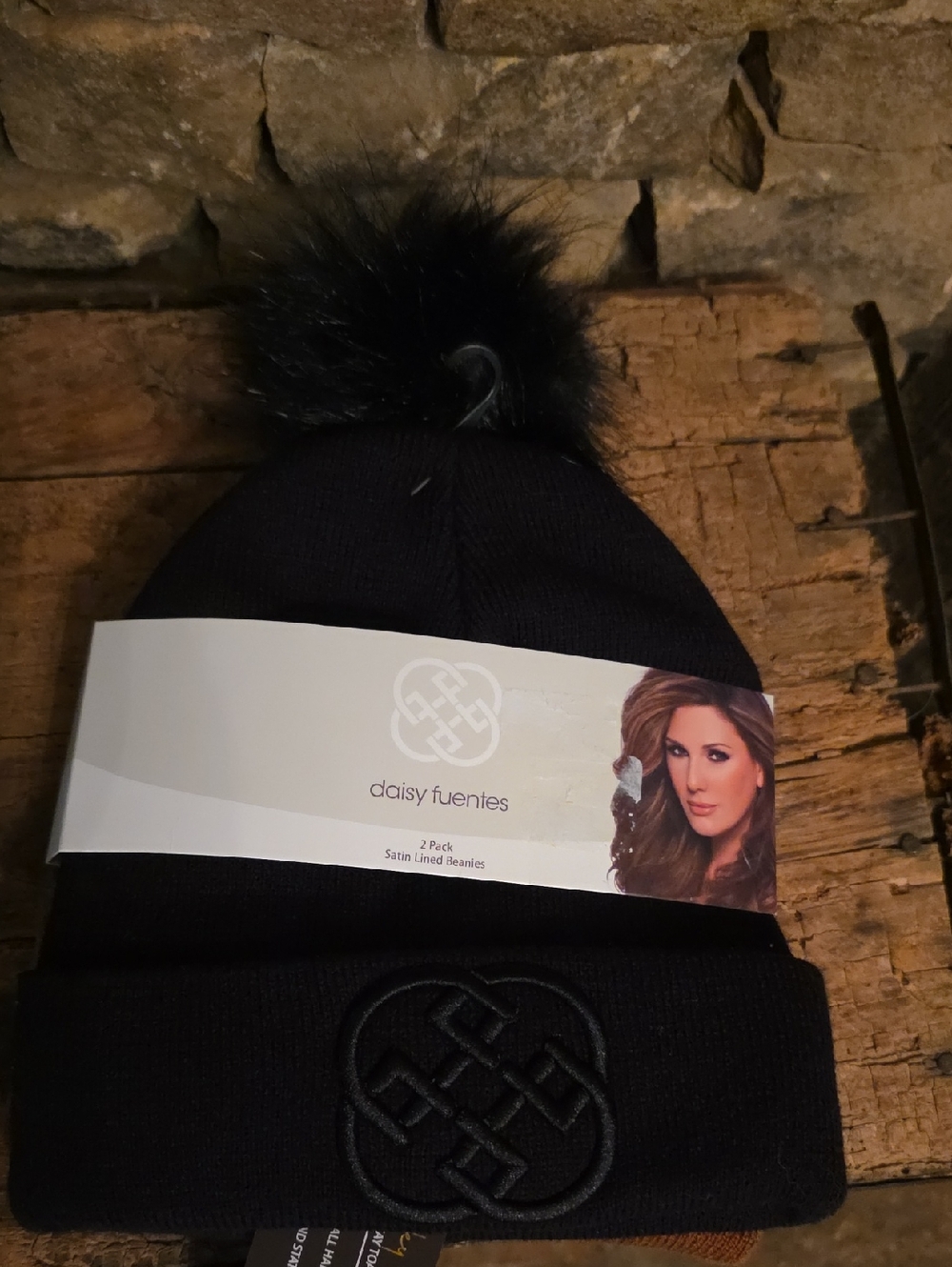 Daisy Fuentes Black Knit Beanie with Faux Fur Pom
